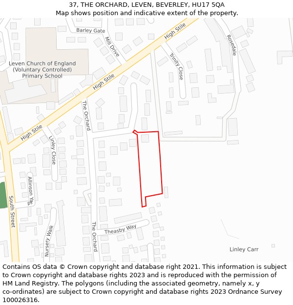 37, THE ORCHARD, LEVEN, BEVERLEY, HU17 5QA: Location map and indicative extent of plot