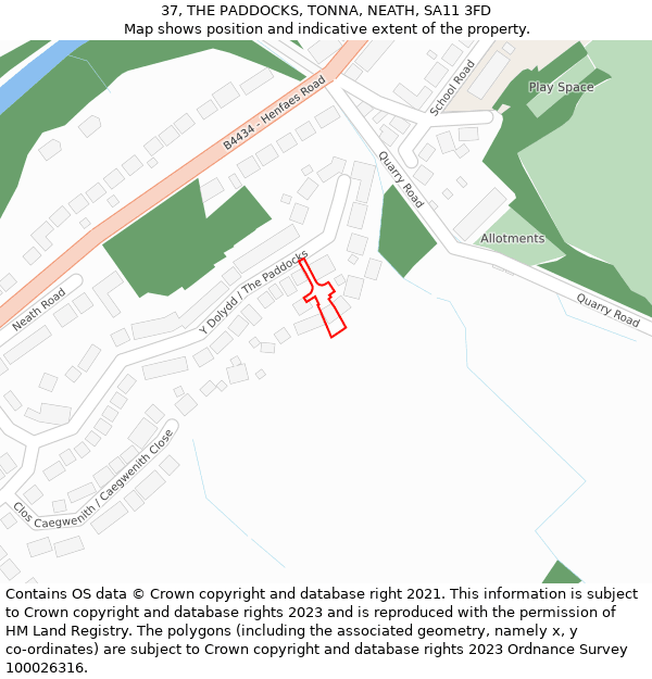 37, THE PADDOCKS, TONNA, NEATH, SA11 3FD: Location map and indicative extent of plot