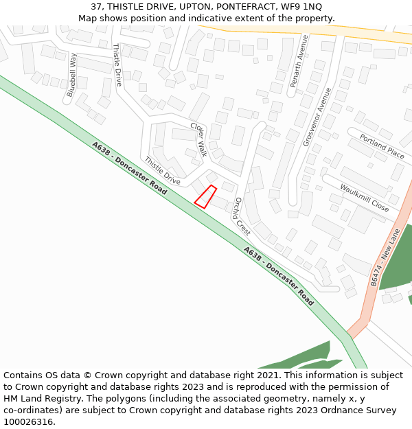 37, THISTLE DRIVE, UPTON, PONTEFRACT, WF9 1NQ: Location map and indicative extent of plot