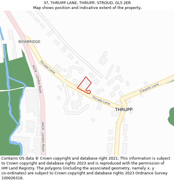 37, THRUPP LANE, THRUPP, STROUD, GL5 2ER: Location map and indicative extent of plot