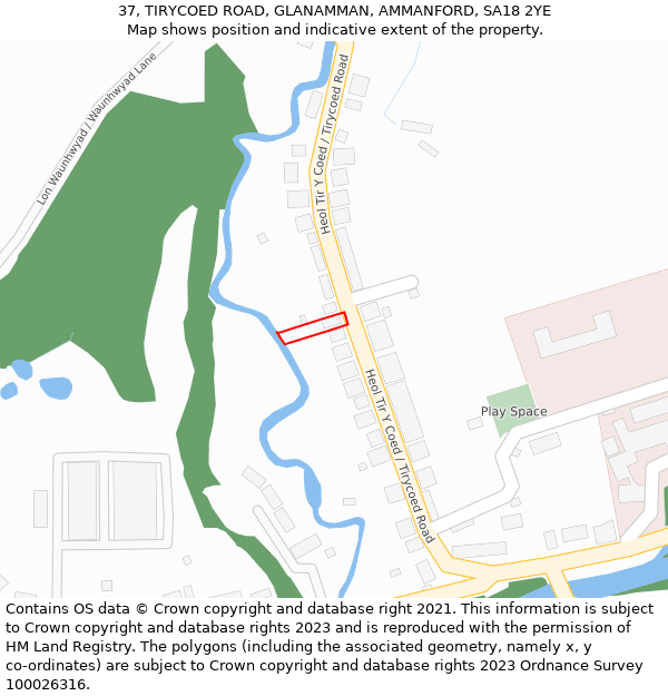 37, TIRYCOED ROAD, GLANAMMAN, AMMANFORD, SA18 2YE: Location map and indicative extent of plot