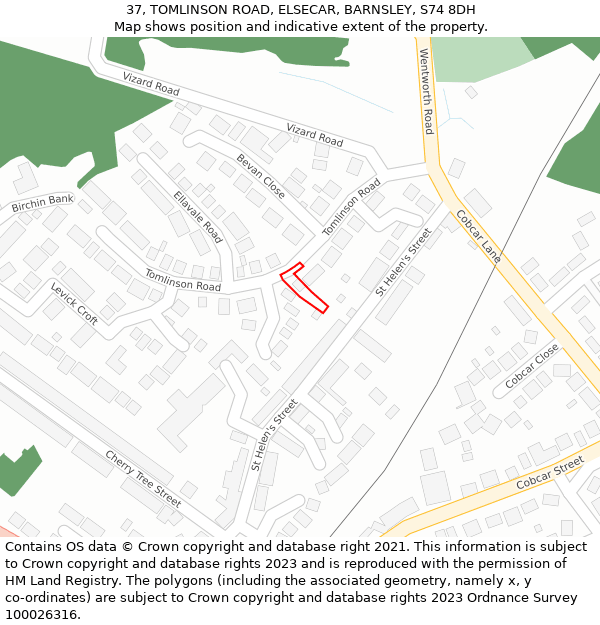 37, TOMLINSON ROAD, ELSECAR, BARNSLEY, S74 8DH: Location map and indicative extent of plot