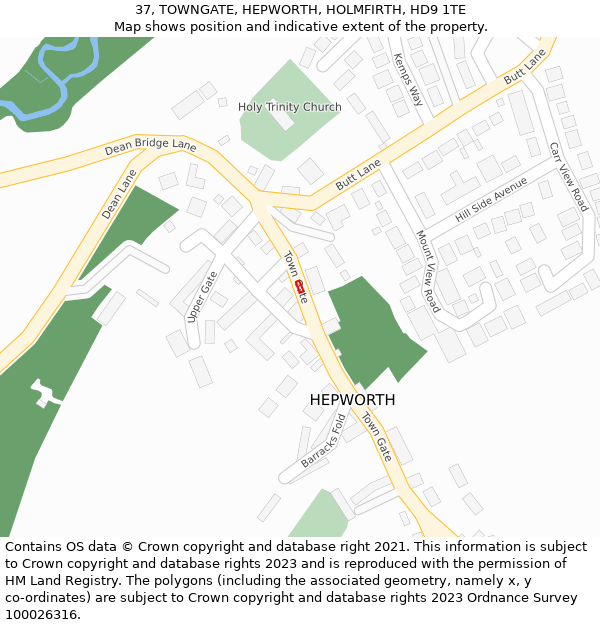 37, TOWNGATE, HEPWORTH, HOLMFIRTH, HD9 1TE: Location map and indicative extent of plot