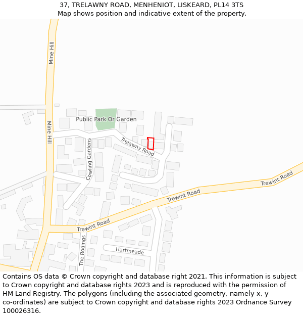 37, TRELAWNY ROAD, MENHENIOT, LISKEARD, PL14 3TS: Location map and indicative extent of plot