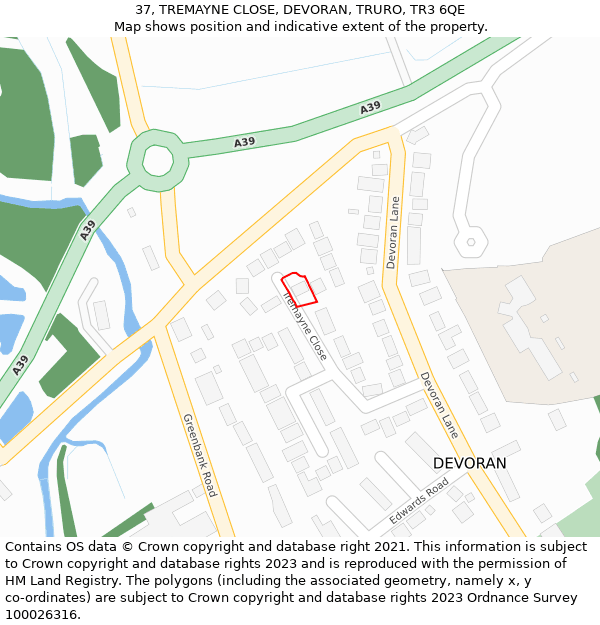 37, TREMAYNE CLOSE, DEVORAN, TRURO, TR3 6QE: Location map and indicative extent of plot