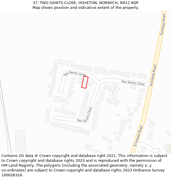 37, TWO SAINTS CLOSE, HOVETON, NORWICH, NR12 8QP: Location map and indicative extent of plot