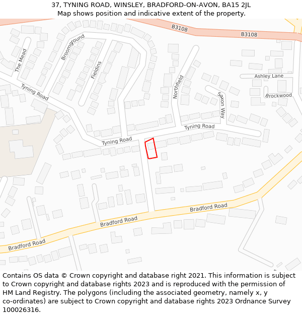 37, TYNING ROAD, WINSLEY, BRADFORD-ON-AVON, BA15 2JL: Location map and indicative extent of plot