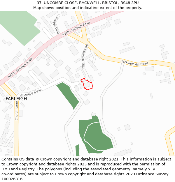 37, UNCOMBE CLOSE, BACKWELL, BRISTOL, BS48 3PU: Location map and indicative extent of plot