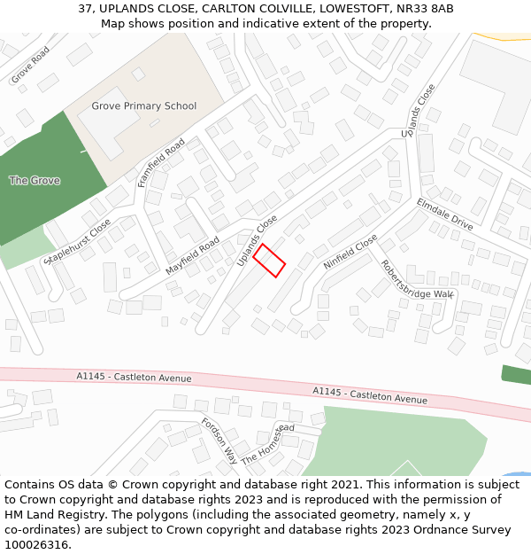 37, UPLANDS CLOSE, CARLTON COLVILLE, LOWESTOFT, NR33 8AB: Location map and indicative extent of plot