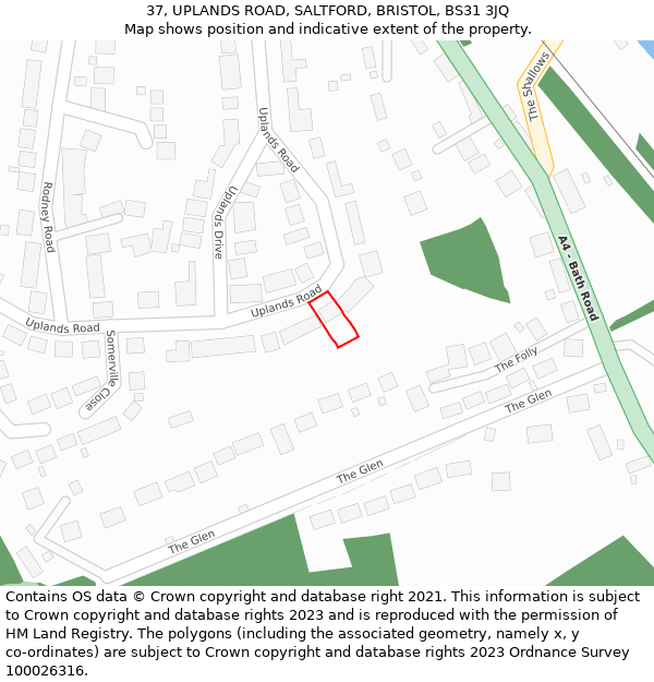 37, UPLANDS ROAD, SALTFORD, BRISTOL, BS31 3JQ: Location map and indicative extent of plot