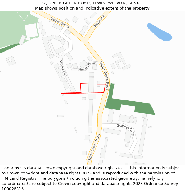 37, UPPER GREEN ROAD, TEWIN, WELWYN, AL6 0LE: Location map and indicative extent of plot