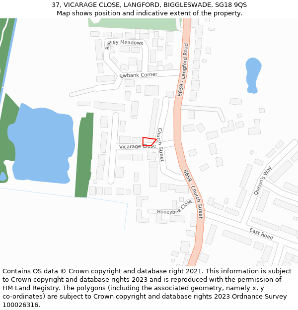 37, VICARAGE CLOSE, LANGFORD, BIGGLESWADE, SG18 9QS: Location map and indicative extent of plot