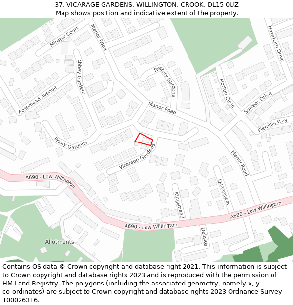 37, VICARAGE GARDENS, WILLINGTON, CROOK, DL15 0UZ: Location map and indicative extent of plot