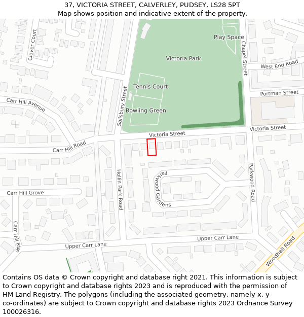 37, VICTORIA STREET, CALVERLEY, PUDSEY, LS28 5PT: Location map and indicative extent of plot