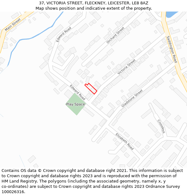 37, VICTORIA STREET, FLECKNEY, LEICESTER, LE8 8AZ: Location map and indicative extent of plot