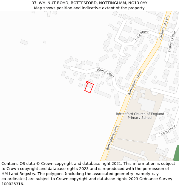 37, WALNUT ROAD, BOTTESFORD, NOTTINGHAM, NG13 0AY: Location map and indicative extent of plot