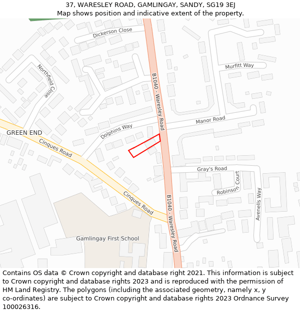 37, WARESLEY ROAD, GAMLINGAY, SANDY, SG19 3EJ: Location map and indicative extent of plot