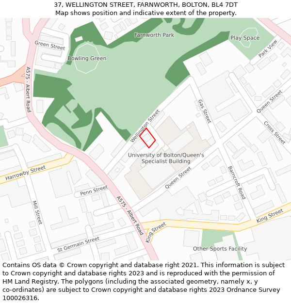37, WELLINGTON STREET, FARNWORTH, BOLTON, BL4 7DT: Location map and indicative extent of plot