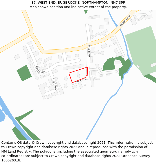 37, WEST END, BUGBROOKE, NORTHAMPTON, NN7 3PF: Location map and indicative extent of plot