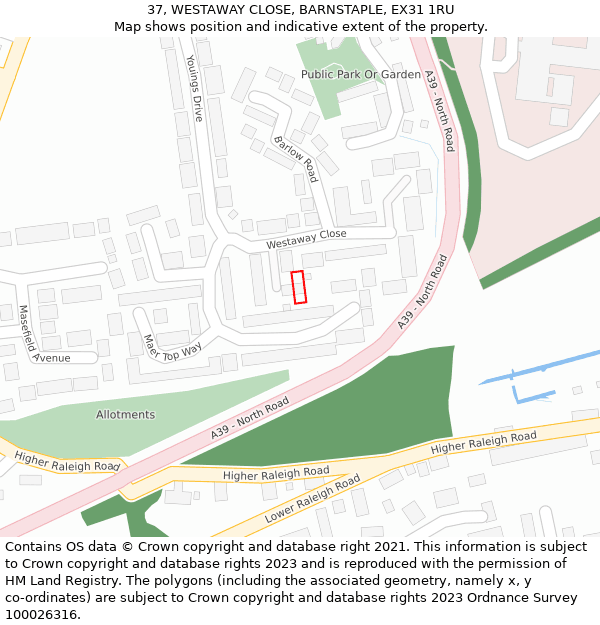 37, WESTAWAY CLOSE, BARNSTAPLE, EX31 1RU: Location map and indicative extent of plot