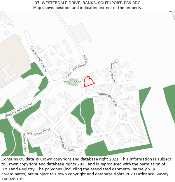 37, WESTERDALE DRIVE, BANKS, SOUTHPORT, PR9 8DG: Location map and indicative extent of plot