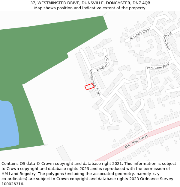 37, WESTMINSTER DRIVE, DUNSVILLE, DONCASTER, DN7 4QB: Location map and indicative extent of plot