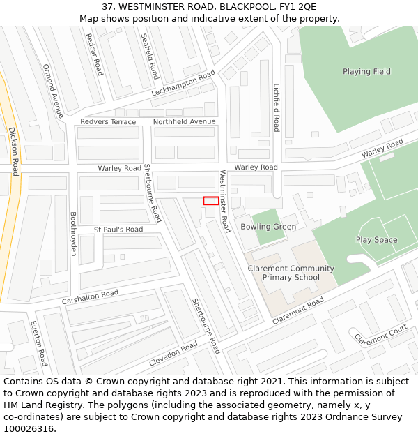 37, WESTMINSTER ROAD, BLACKPOOL, FY1 2QE: Location map and indicative extent of plot