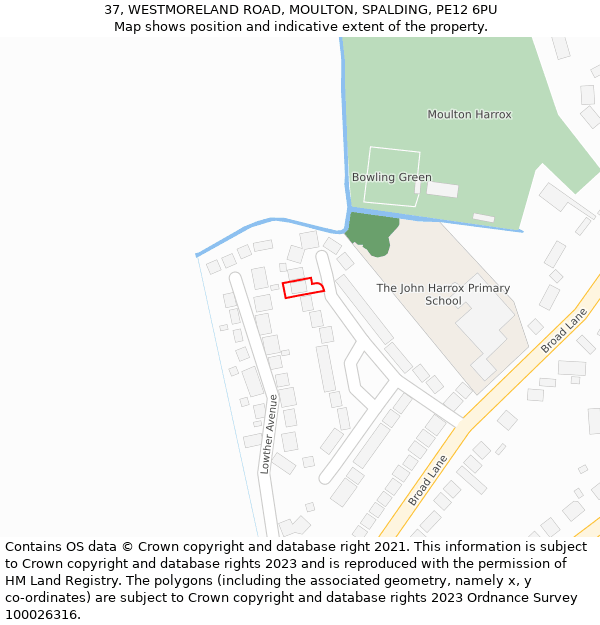 37, WESTMORELAND ROAD, MOULTON, SPALDING, PE12 6PU: Location map and indicative extent of plot