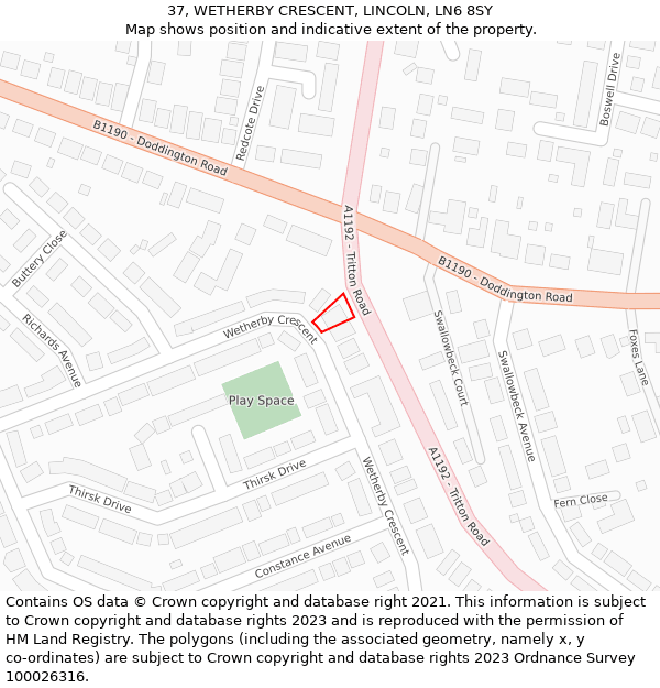 37, WETHERBY CRESCENT, LINCOLN, LN6 8SY: Location map and indicative extent of plot