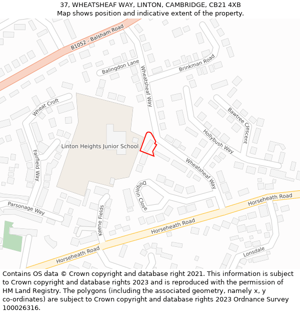 37, WHEATSHEAF WAY, LINTON, CAMBRIDGE, CB21 4XB: Location map and indicative extent of plot