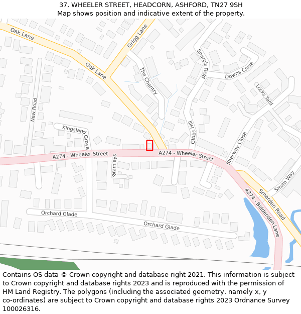 37, WHEELER STREET, HEADCORN, ASHFORD, TN27 9SH: Location map and indicative extent of plot