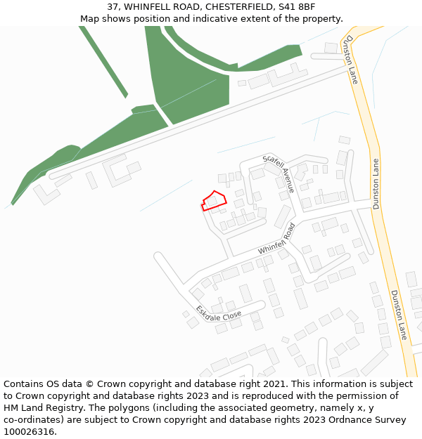 37, WHINFELL ROAD, CHESTERFIELD, S41 8BF: Location map and indicative extent of plot