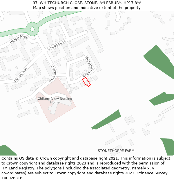 37, WHITECHURCH CLOSE, STONE, AYLESBURY, HP17 8YA: Location map and indicative extent of plot