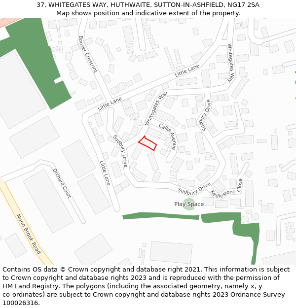 37, WHITEGATES WAY, HUTHWAITE, SUTTON-IN-ASHFIELD, NG17 2SA: Location map and indicative extent of plot