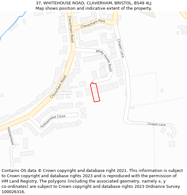 37, WHITEHOUSE ROAD, CLAVERHAM, BRISTOL, BS49 4LJ: Location map and indicative extent of plot