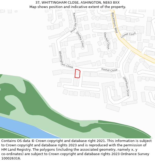 37, WHITTINGHAM CLOSE, ASHINGTON, NE63 8XX: Location map and indicative extent of plot