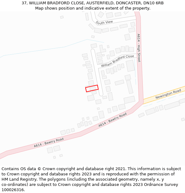 37, WILLIAM BRADFORD CLOSE, AUSTERFIELD, DONCASTER, DN10 6RB: Location map and indicative extent of plot