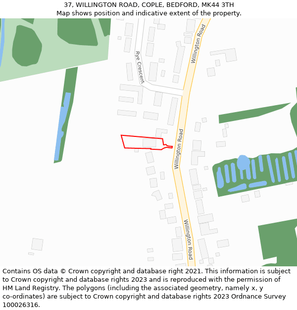 37, WILLINGTON ROAD, COPLE, BEDFORD, MK44 3TH: Location map and indicative extent of plot