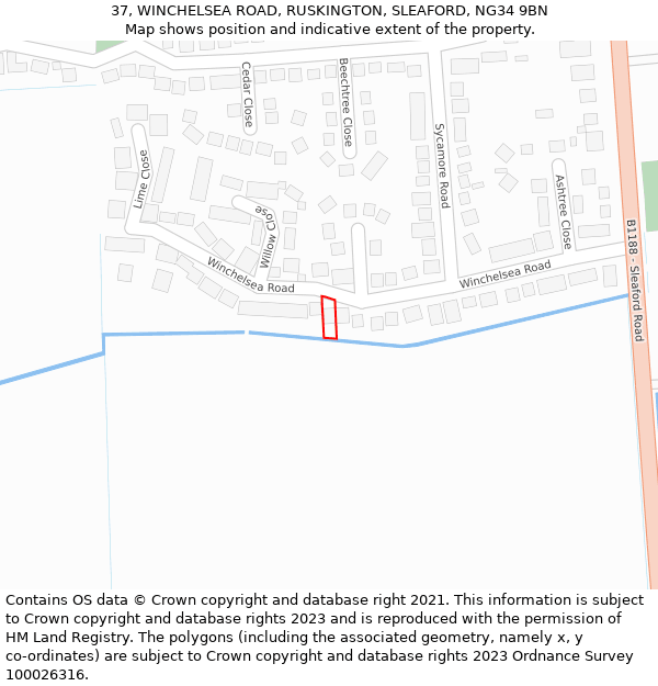 37, WINCHELSEA ROAD, RUSKINGTON, SLEAFORD, NG34 9BN: Location map and indicative extent of plot