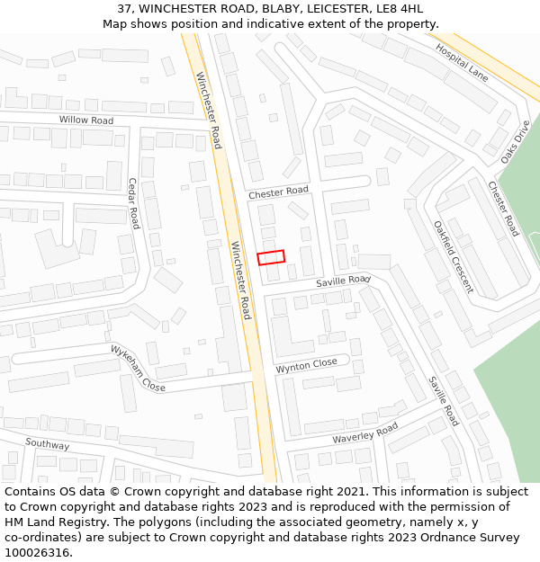 37, WINCHESTER ROAD, BLABY, LEICESTER, LE8 4HL: Location map and indicative extent of plot