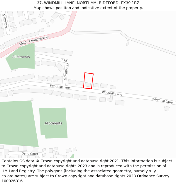 37, WINDMILL LANE, NORTHAM, BIDEFORD, EX39 1BZ: Location map and indicative extent of plot