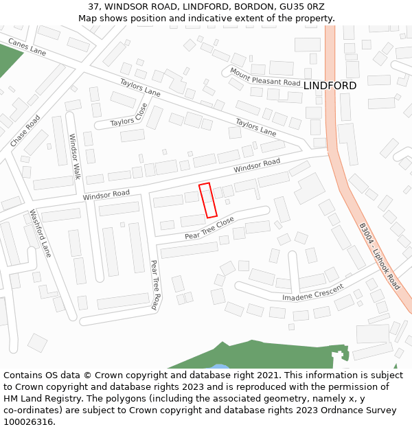 37, WINDSOR ROAD, LINDFORD, BORDON, GU35 0RZ: Location map and indicative extent of plot