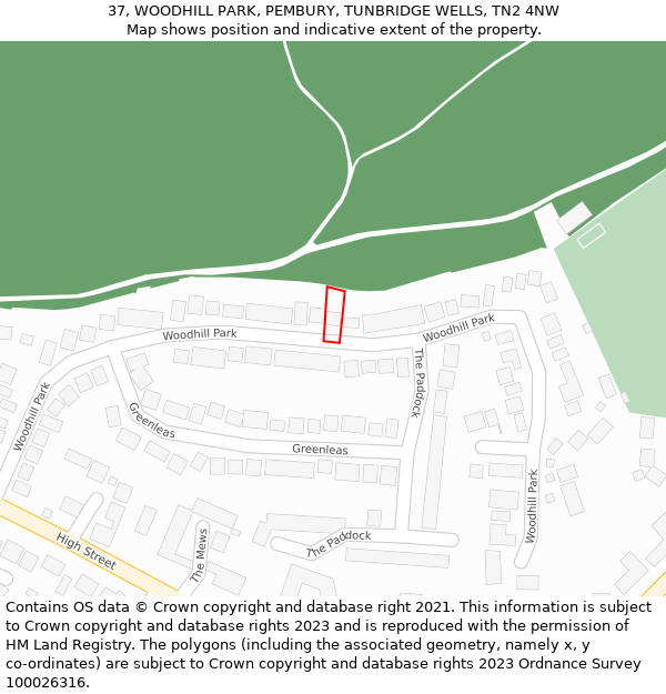 37, WOODHILL PARK, PEMBURY, TUNBRIDGE WELLS, TN2 4NW: Location map and indicative extent of plot