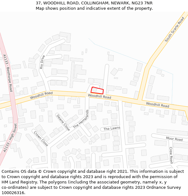 37, WOODHILL ROAD, COLLINGHAM, NEWARK, NG23 7NR: Location map and indicative extent of plot