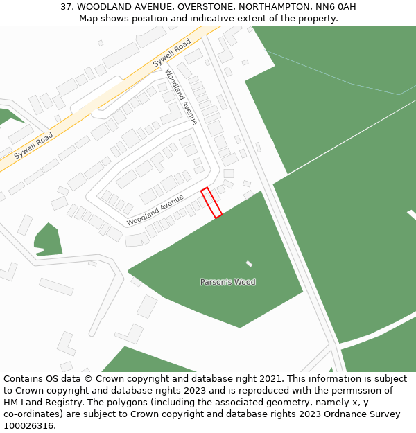 37, WOODLAND AVENUE, OVERSTONE, NORTHAMPTON, NN6 0AH: Location map and indicative extent of plot