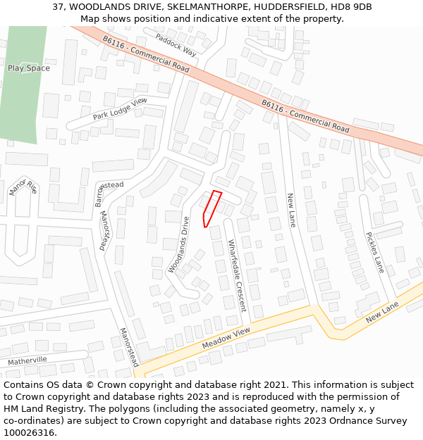 37, WOODLANDS DRIVE, SKELMANTHORPE, HUDDERSFIELD, HD8 9DB: Location map and indicative extent of plot