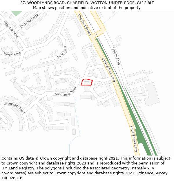 37, WOODLANDS ROAD, CHARFIELD, WOTTON-UNDER-EDGE, GL12 8LT: Location map and indicative extent of plot