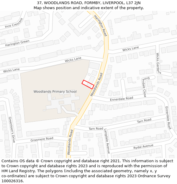 37, WOODLANDS ROAD, FORMBY, LIVERPOOL, L37 2JN: Location map and indicative extent of plot