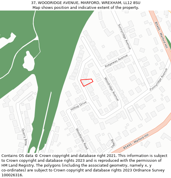 37, WOODRIDGE AVENUE, MARFORD, WREXHAM, LL12 8SU: Location map and indicative extent of plot