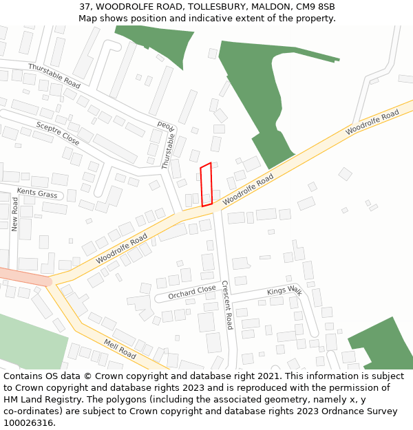 37, WOODROLFE ROAD, TOLLESBURY, MALDON, CM9 8SB: Location map and indicative extent of plot